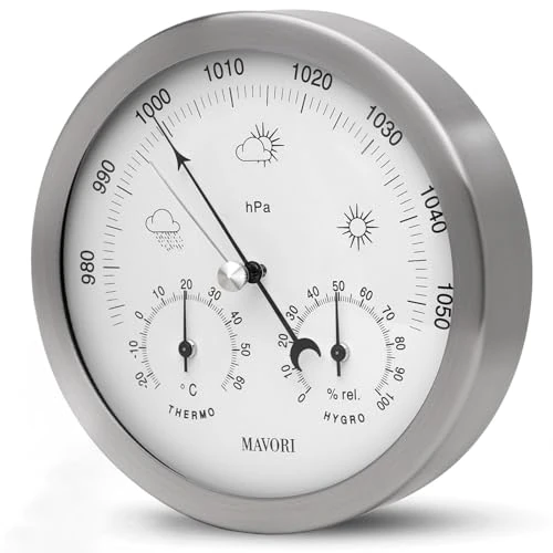 Oferta limitada: MAVORI® Estación Meteorológica analógica - Barómetro, Higrómetro y Termómetro 3en1 para interior y exterior - Marco de acero inoxidable de Ø 13,5cm con cristal acrílico de diseño moderno de 38.90 € a 38.90 € (ahorro 0.00%)