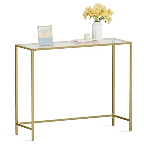 Zeitlich begrenztes Angebot: VASAGLE Konsolentisch, Beistelltisch, Oberfläche aus Hartglas, moderner Sofatisch, einfacher Aufbau, verstellbare Füße, Wohnzimmer, Flur, helles Gold-transparent LGT26G von 33.99 € auf 28.89 € (15% Rabatt)