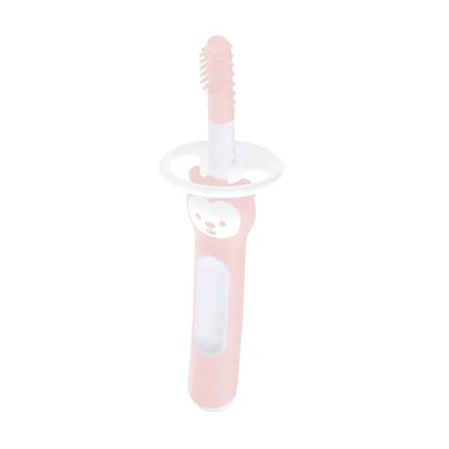 Offerta a tempo: MAM Massaging Brush, Spazzolino denti bambini 3+ mesi con setole morbide, Neonato accessori utili con anello di sicurezza per la gola, Massaggia gengive neonati antiscivolo ed ergonomico, Rosa - 38% da 5.99 € a 3.70 €