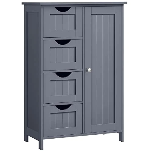 VASAGLE Armario de Baño, Mueble Estrecho, Cómoda, Cajonera con 4 Cajones, con Puerta, Estante Ajustable, 30 x 55 x 82 cm, Gris Oscuro LHC41GY