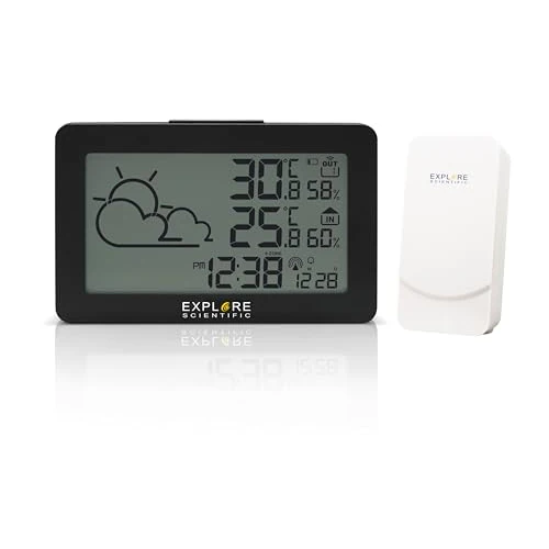 EXPLORE SCIENTIFIC WSH-4002-Weather Station, Radio Controlled Clock, Indoor and Outdoor Temperature and Humidity, Backlit LCD Display, Black