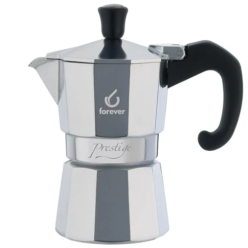 FOREVER Caffettiera Moka Alluminio, Miss Moka Prestige, Caffettiera Moka per Casa, Caffettiera Portatile per Viaggio, inclusa Guarnizione in Silicone (1 Tazza)
