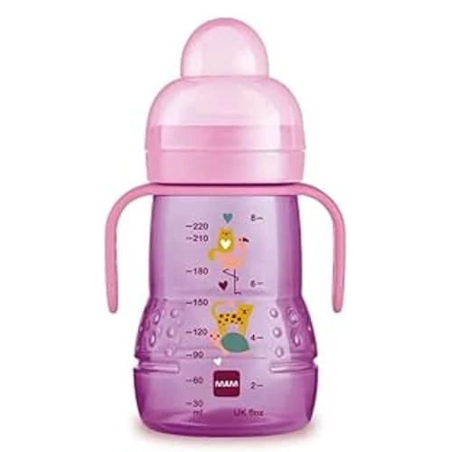 Offerta a tempo: MAM Trainer 220 ml, Biberon acqua e latte per neonati 4+ mesi con tettarella antigoccia in Silicone, Borraccia neonato con beccuccio extra-morbido, Accessori neonato con manici antiscivolo, Rosa - 51% da 12.49 € a 6.09 €