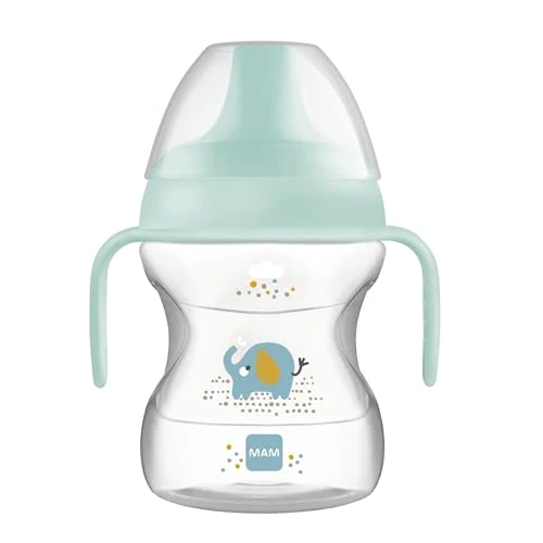MAM Learn to Drink Cup Tazza bambini 190 ml, Biberon acqua e latte per neonati 6+ mesi con beccuccio anti-goccia e valvola per flusso libero, Borraccia neonato con pratici manici antiscivolo, Azzurro