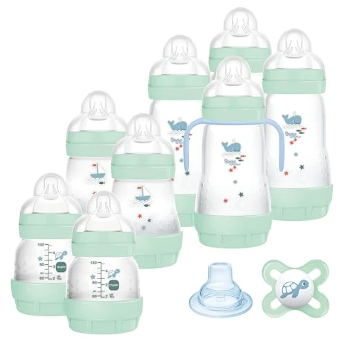 Mam Easy Start Anti-Colic Babyflasche, 8 Flaschen in den Formaten 130 ml, 160 ml und 260 ml, 1 Start Nano, 4 Dichtstoffscheiben, 1 extra weicher und griffiger Ausgießer, Sortiert Farbe, 7- 30 g