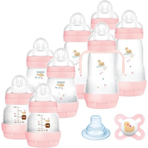MAM Easy Start Anti-Colic Bottle Set, 8 Bottles in 130 ml, 160 ml and 260 ml Sizes, 1 x Start Nanò Dummy, 4 x Sealing Disks, 1 x Extra Soft Spout and Handles, 730 g, Pink
