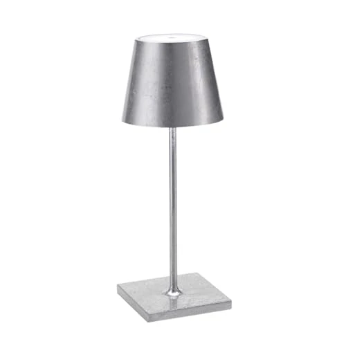 Zafferano, Poldina Pro Mini avec Feuille d'Argent, Lampe de Table Rechargeable et Sans Fil avec Contrôle Tactile, Utilisable comme Lampe d'Intérieur, Dimmer 2200-3000 K, Hauteur 30 cm