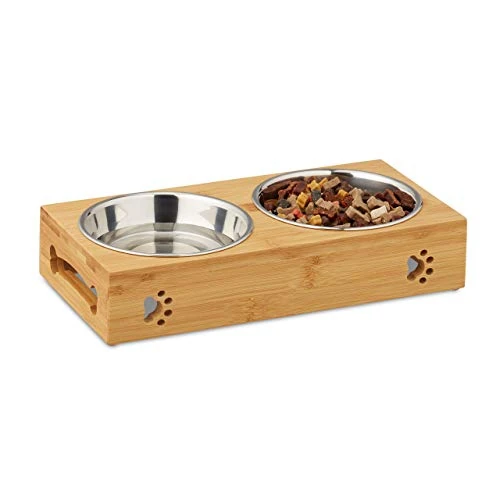Oferta limitada: Relaxdays Comedero Perro, Soporte con 2 Cuencos, 300 ml, Acero Inoxidable-Bambú, 1 Ud., 6,5x31,5x15 cm, Plateado-Marrón de 26.99 EUR a 26.99 EUR (ahorro 0%)