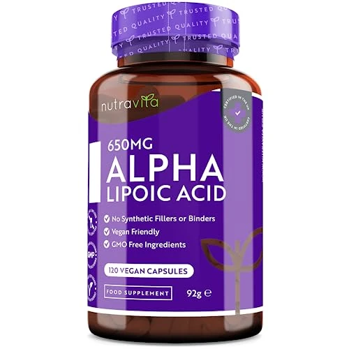Alpha Lipoic Acid (ALA) 650 mg - 120 veganistische capsules met hoge dosis - 100% natuurlijk, geen synthetische bindmiddelen of vulstoffen - à 4 maanden voorraad - gemaakt in het VK door Nutravita