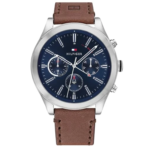 Offerta a tempo: Tommy Hilfiger Orologio Analogico Multifunzione al Quarzo da Uomo con Cinturino in Pelle Marrone - 1791741 - 25% da 103.64 € a 77.99 €