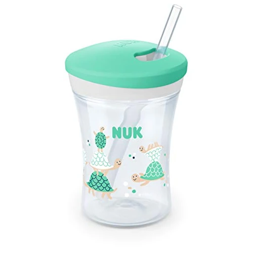 NUK Action Cup Toddler Cup | 12+ Months | Twist Close Soft Drinking Straw | Leak-Proof | BPA-Free | 230ml | Turtle (Clear)