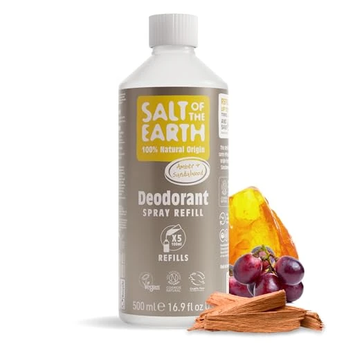 Ricarica spray deodorante naturale di Salt of the Earth, ambra e legno di sandalo - Vegan, protezione di lunga durata, approvata dal coniglietto che salta, prodotta nel Regno Unito - 500ml