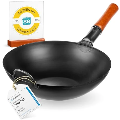 YOSUKATA Carbon Steel Woks and Stir Fry Pans 34 cm - Traditional Chinese Japanese Wok with Flat Bottom - Compatible with Induction, Electric, Ceramic, Gas cooktops, and Open Flame, BBQ, Grill