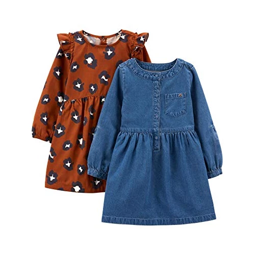 Offerta a tempo: Simple Joys by Carter's 2-Pack Long-Sleeve Dress Set Abito Casual, Chambray/Maculata, 18 Mesi (Pacco da 2) Bambina - 35% da 28.99 € a 18.77 €