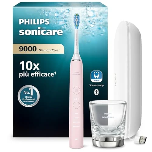 Offerta a tempo: Philips Sonicare DiamondClean 9000 spazzolino elettrico sonico con app, sensore di pressione, 4 modalità di pulizia, bicchiere di ricarica e custodia da viaggio USB, colore rosa, modello HX9911/29 - 38% da 234.99 € a 144.99 €