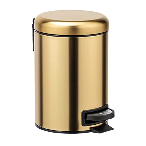 WENKO Cubo de pedal Leman oro mate 3 l - Cubo de cosmética, cubo de basura con recubrimiento anti-huellas dactilares Capacidad: 3 l, Acero inoxidable, 17 x 25 x 22.5 cm, Oro