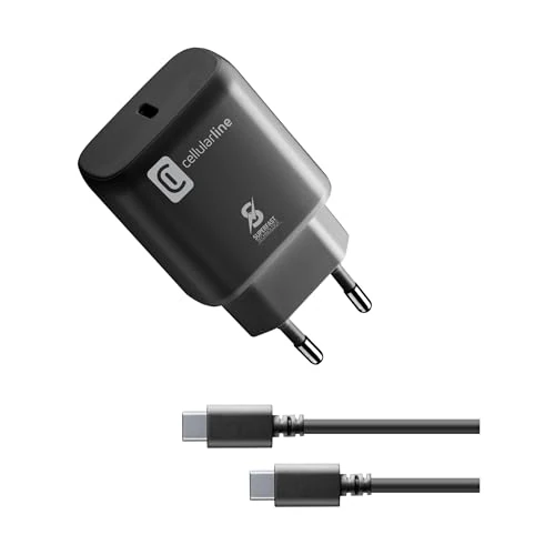 Cellularline - Super Fast Charger Kit 25W - Caricabatterie da Rete per Dispositivi Samsung Compatibili con Carica Super Fast Charge Power Delivery 25W - Cavo USB-C to USB-C da 100cm incluso - Nero