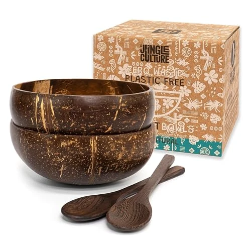 Offerta a tempo: Jungle Culture® Set di 2 Ciotole in Noce di Cocco con Cucchiai, 2 Cannucce di Bambù • Ciotola de Legno per servire l'insalata, Frullati di Acai Pasta Cereali • 100% Prodotto Naturale - 0.00% da 19.99 € a 19.99 €