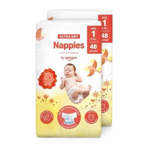 By Amazon Ultra Dry Windeln Größe 1 (2-5 kg) - MONATSBOX, Weiß, 96 Stück (2 Packungen mit 48) (Früher Unter Der Marke Mama Bear, Identisches Produkt)