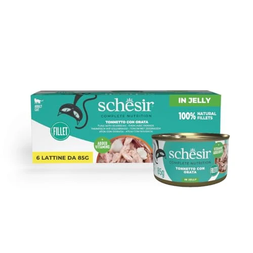 Tijdelijke aanbieding: Schesir, Tonijn met goudbrasem in gelei, compleet natvoer voor katten, met extra vitaminen, 100% natuurlijk, 6 blikjes à 85 g van 6.49 EUR naar 1.66 EUR (korting 74%)