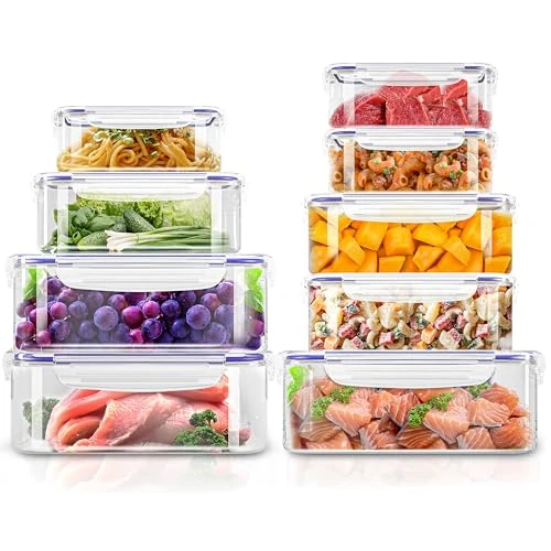 KICHLY 18 piezas envases herméticos de plástico para almacenamiento de alimentos (9 envases, 9 tapas) Contenedores de alimentos para cocina, despensa, alacena - microondas y congelador - Sin BPA