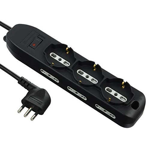 Electraline 61996 Wielofunkcyjne gniazdo 9 Miejsca, 3 Poliwalenty, 6 Dwuwartościowe 10/16A, Kabel 2 m, Mała wtyczka 10A, Czarny