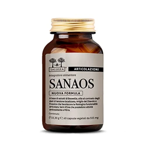 Offerta a tempo: Sanaos Salugea, Integratore naturale per articolazioni, tendini e legamenti. Con Boswellia, Artiglio del Diavolo, Frassino, Mirra e Semi d’Uva. 60 capsule, in Vetro Scuro - 25% da 39.90 € a 30.01 €