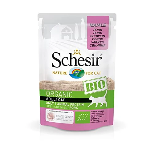 Schesir Cat Bio monoprotein varken, kattenvoer nat, 16 zakjes x 85 g