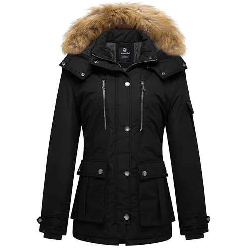 Wantdo Chaqueta de Algodón Invierno al Aire Libre Parka Gruesa Capucha Desmontable con Pelo Chaqueta de Lana Resistente al Agua Abrigos Ajustado con Cinturón Mujer Negro Medium