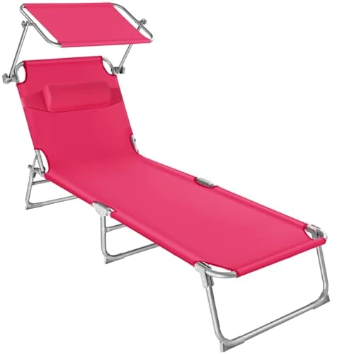 Zeitlich begrenztes Angebot: tectake® Sonnenliege mit Dach, Strandliege klappbar, leichte Gartenliege, Outdoor Liegestuhl mit Verstellbarer Rückenlehne, inkl. Kopfkissen - ideal für Balkon, Terrasse, Camping, Strand - pink von 42.79 € auf 42.79 € (0.00% R