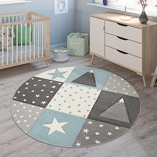 Paco Home Kinderteppich Teppich Kinderzimmer Junge Mädchen Pastell Modern Kariert Punkte Mond Sterne Weiß Grau Blau, Grösse:Ø 160 cm Rund