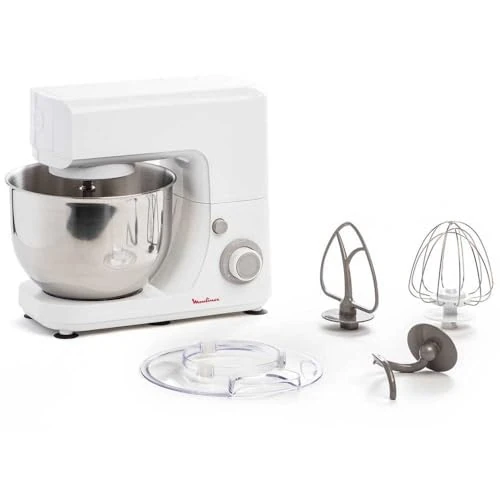 Moulinex Robot kuchenny, niezbędny wielofunkcyjny robot kuchenny, 800 W, 6 poziomów prędkości, miska ze stali nierdzewnej, 4,8 l, zestaw do pieczenia, kompaktowy design, kolor kości słoniowej