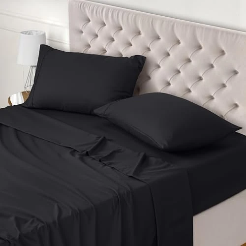Utopia Bedding - Set Lenzuola Letto Matrimoniali 4 Pezzi 180x200 cm - Spazzolata Poliestre di Microfibra - Oeko-Tex Certificato - Lenzuolo con Angoli, Lenzuolo Piatto e 2 Federe 50x75, Nero