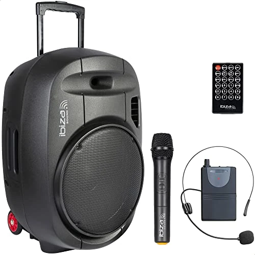 Ibiza - PORT15UHF-MKII-TWS - Altoparlante portatile 15"/800W MAX con 2 microfoni (UHF), telecomando e custodia protettiva - Bluetooth, USB, SD & TWS - Autonomia da 6 a 8 ore