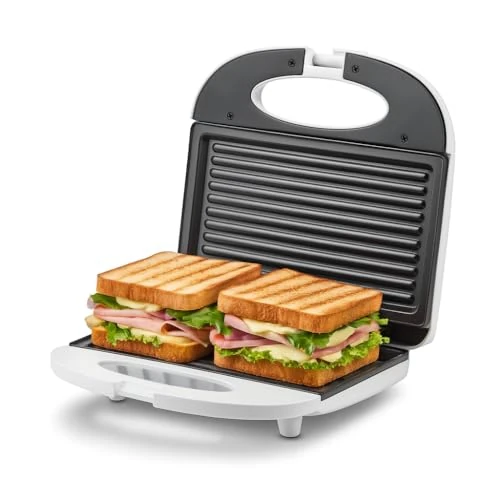 Girmi TS03 Sandwich Toaster, 750 W, antikleef-platen, hittebestendige handgreep met sluiting, bedrijfs- en temperatuurweergave, wit