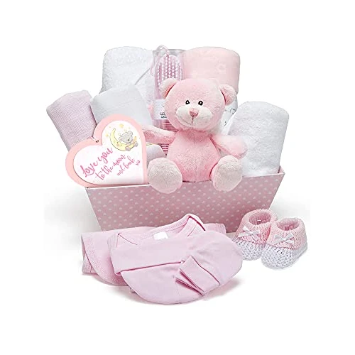 Baby Box Shop Coffret Naissance Rose pour Bébés Filles – Kit de Naissance avec Vêtements Bébé Fille, Lange en Polaire, Serviette avec Capuche 2 Étoffes en Mousseline et Un Adorable Ourson en Peluche
