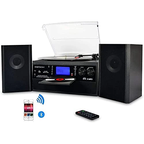 Offre limitee: DIGITNOW! Tourne-Disque Bluetooth Viny pour CD, Cassette, Radio AM/FM et entrée auxiliaire, Port USB et encodage SD, télécommande, avec Haut-parleurs stéréo autonomes de 199.99 EUR a 87.69 EUR (economie 56%)