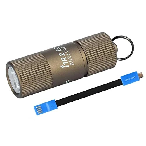 OLIGHT I1R II Mini latarka LED, pęk kluczy 150 lumenów, do breloczków do kluczy, możliwość ponownego ładowania, EOS, mała latarka, wodoszczelna IPX8, na kemping, wędrówki, z kablem USB (Desert Tan)
