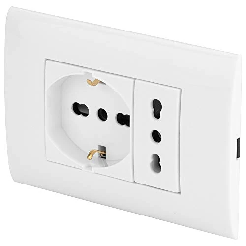 POLY POOL - PP6094X Placa Evolution Caja 3 módulos con fruta toma bivalente y fruta toma Pluristandard - Kit empotrable con soporte y tornillos de montaje