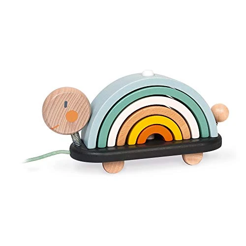 Janod - Wooden Sweet Cocoon Rainbow Turtle - Original Early Learning Game, 6 Stackable Arcs Of Circles - 1st Learnings - Turtle to Pull - Wooden Toy, Water Based Paint - from 18 Months Old, J04405