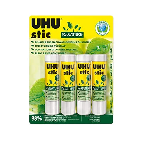 Offerta a tempo: UHU stic ReNature 4x21g naturale con tubetto in bioplastica colla per bambini, sicura da usare per i lavoretti, adatta per la scuola, l'ufficio, l'università - 49% da 7.19 € a 3.65 €