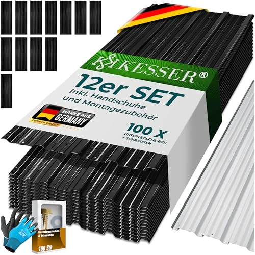 Offerta a tempo: KESSER® 12 x Lamiera profilata trapezoidale 129cm x 45cm = 7 m² - Lamiera di Copertura per capanno degli Attrezzi, Pannelli di Copertura in Acciaio zincato 0,25mm, incl. Guanti per Il Montaggio - 12.54% da 55.80 € a 48.80 €