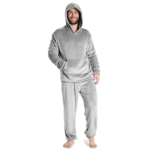 CityComfort Pigiama Uomo Invernale Pile Caldo con Cappuccio, Pigiami Due Pezzi Lunghi M - 2XL, Idee Regalo di Natale (Grigio Chiaro, M)