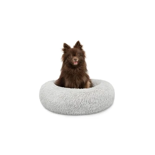 lionto Donutbett für Hunde und Katzen, Flauschiges Hundebett rund für kleine und große Heimtiere, Ø 40 cm, weiches Katzenbett aus kuscheligem Plüsch, Hundekissen mit extra Dicker Füllung, hellgrau