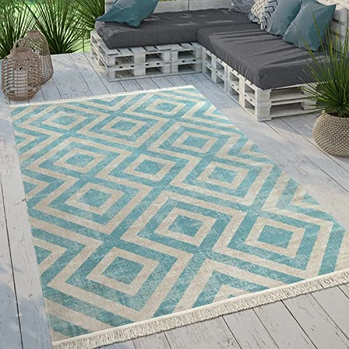 Paco Home Tapis Intérieur & Extérieur Tissé À Plat Motif Losanges Moderne pour Terrasse Et Balcon, Dimension:120x170 cm, Couleur:Bleu-Blanc