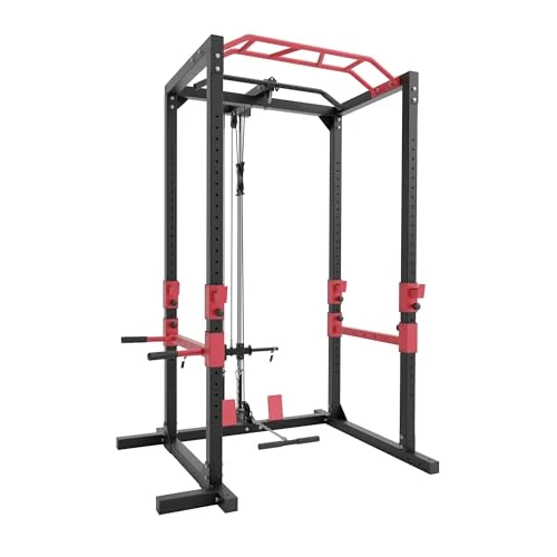 Offerta a tempo: Ultrasport Power Rack, Scaffale fitness, Scaffale multifunzione per efficace allena completo corpo, costruzione acciai, perfetto per principianti e professionist, torre fitness, Nero/Rosso - 0.00% da 299.99 € a 299.99 €