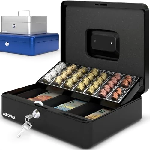 Limited offer: ACROPAQ Lockable Cash Box - (30 x 24 x 9 cm), Money Box with Coin Counting Tray, Steel construction, with 2 keys included, Black - Savings box, Money safe from 25.78 EUR to 25.78 EUR (save 0%)