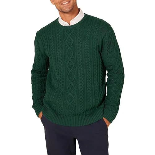 Oferta limitada: Amazon Essentials Jersey de Manga Larga 100% de Algodón con Trenzado Aran y Cuello Redondo Hombre, Verde Oscuro, M de 20.80 EUR a 17.68 EUR (ahorro 15%)