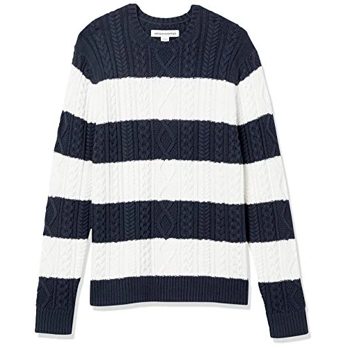 Amazon Essentials Heren lange mouwen 100% katoen visser kabel ronde hals trui, marineblauw wit rugby streep, XS