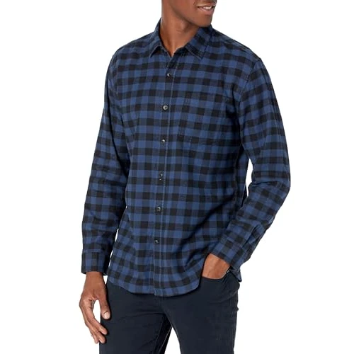 Amazon Essentials Men's Koszula flanelowa z długim rękawem (dostępna w wersjach Big i Tall), Czarny Niebieski Kratka, XS